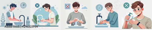 vector set of young people washing their hands