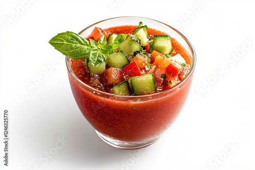 Refreshing gazpacho soup with cucumber and tomato in a glass bowl on a white background