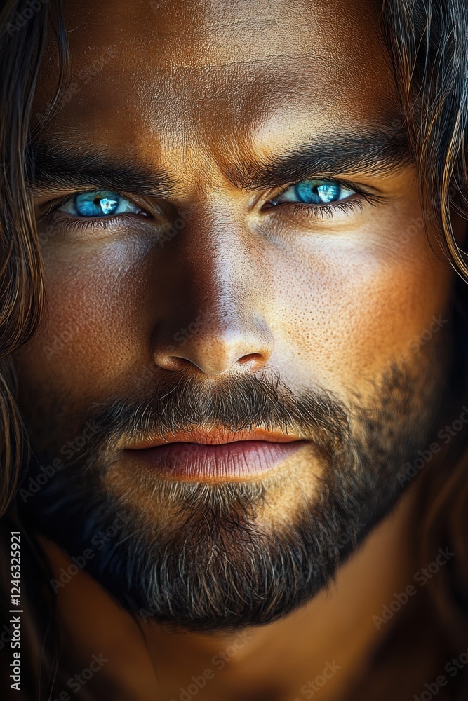 Handsome man with long hair and striking blue eyes gazing intensely at the camera in a close-up portrait Handsome man with long hair and striking blue eyes gazing intensely at the camera in a close-up portrait