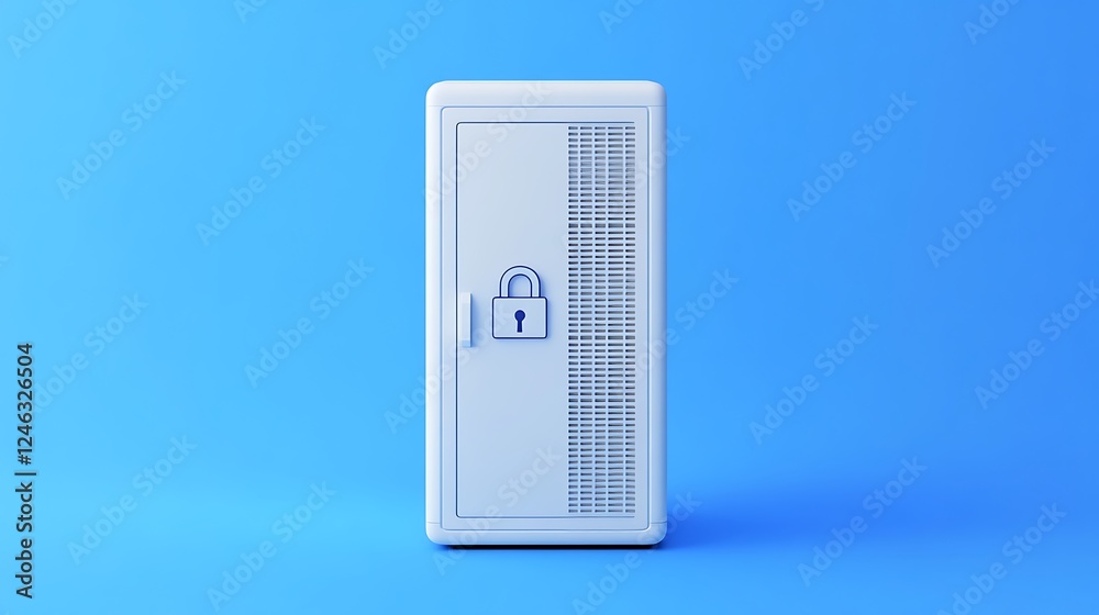 White storage cabinet with a secure lock on a vibrant blue background for modern interior design concepts White storage cabinet with a secure lock on a vibrant blue background for modern interior design concepts