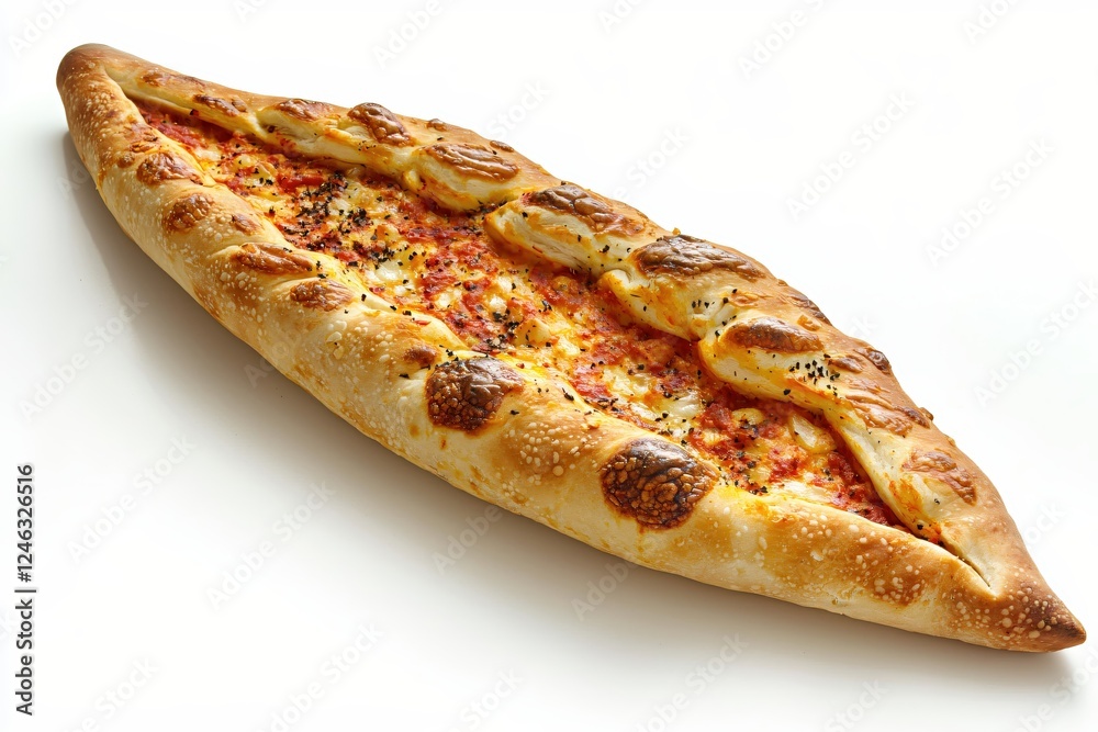 Delicious Turkish Pide with Cheese and Tomato Sauce on a White Background Studio Shot Delicious Turkish Pide with Cheese and Tomato Sauce on a White Background Studio Shot
