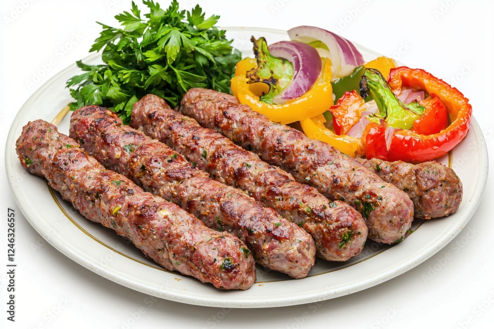 Delicious grilled kofta kebab with fresh parsley and colorful bell peppers on white plate Delicious grilled kofta kebab with fresh parsley and colorful bell peppers on white plate