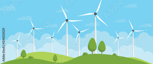 Turbine wind power green energy electricity concept wind energy plant windmill renewable ecology with green grass open sky vector illustration
