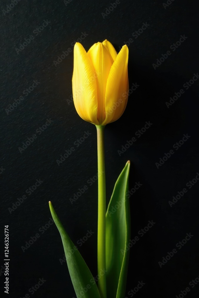Fototapeta premium Small yellow tulip bud with green stem on a somber black canvas, stem, green