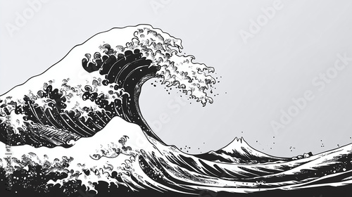 A powerful wave crashes onto the shore in monochrome