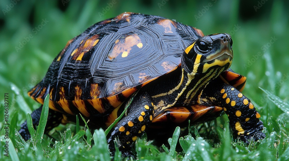 Fototapeta premium Colorful turtle exploring lush green grass on a sunny day in a tranquil garden