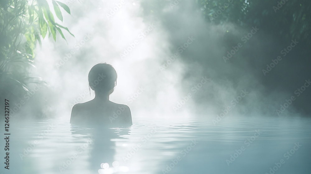 Obraz premium A woman basks in gentle mist, with sunlight and bokeh effect creating a serene and refreshing atmosphere.