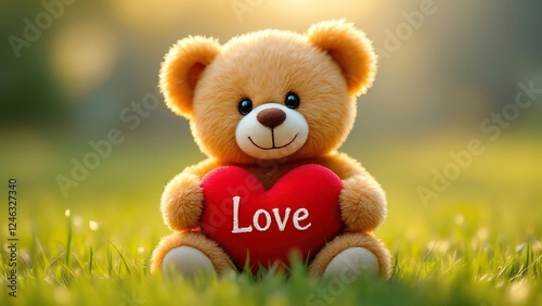 Teddy bear in the grass. Valentine's Day