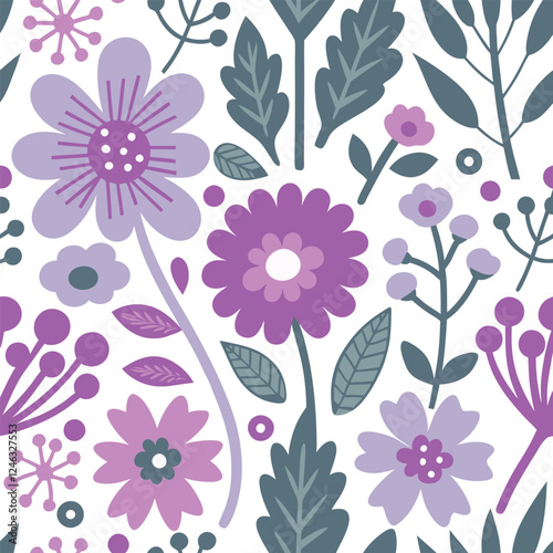Pattern of  seamless flowers. Abstract purple wildflowers patternon white background. style for fashion print, fabric print, banners, wallpaper, posters, online shopping.Vector illustration design.