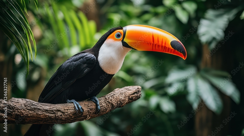 Naklejka premium Colorful toucan perched on a branch in lush rainforest.