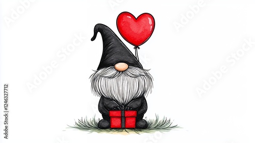 Whimsical Black Gnome with Red Heart Balloon and Gift