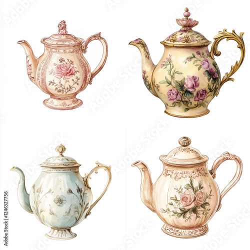 Chinoiserie Teapot Set Clipart | Elegant Porcelain Tea Set Vector Illustration