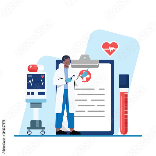A doctor stands beside a smartphone app showing a medical record next to a blood sample and syringe Perfect for healthcare and telehealth websites
