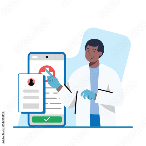 A smiling doctor uses a mobile health app to access patient information and medical records Ideal for healthcare technology and telehealth websites