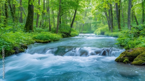 Serene river flowing through a lush green forest, with soft light filtering through trees