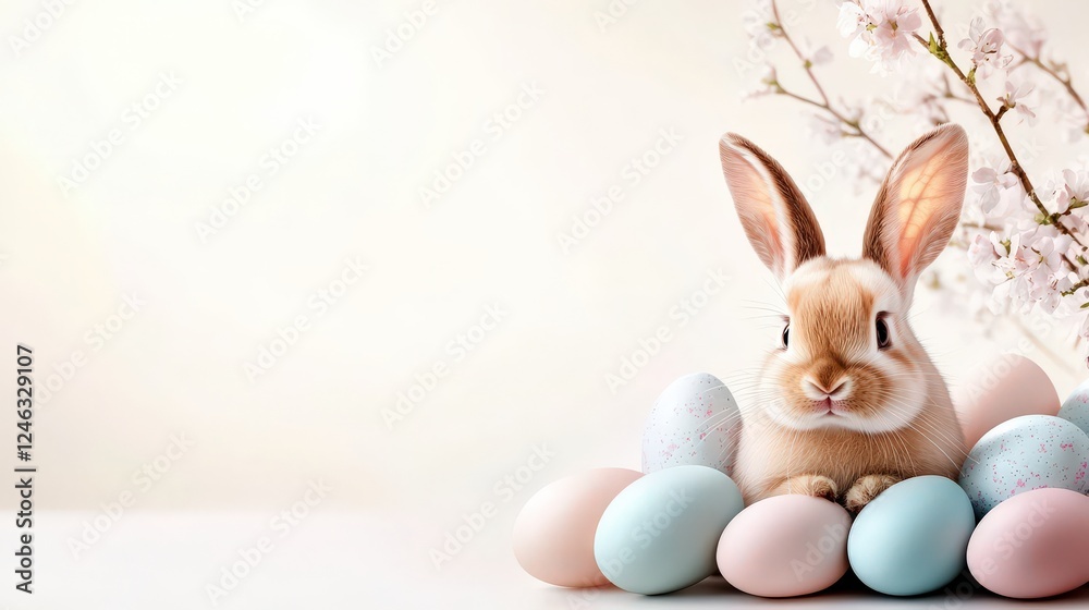 Obraz premium A delightful bunny sits among pastel-colored Easter eggs, embodying the essence of spring celebrations. The soft background enhances the charm of this festive scene beautifully.