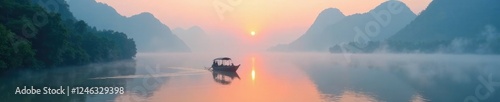 Morning mist on Mekong River Foggy atmosphere over the river, morning, fog, mist photo