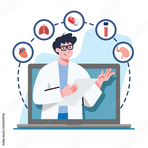 A friendly doctor provides online medical advice and consultation via laptop for various health issues Use for telehealth and healthcare websites