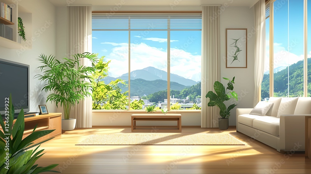 Fototapeta premium minimalist, living room, interior, design. A bright, airy living room with large windows showcasing mountains and greenery, featuring minimalistic furniture and natural light.