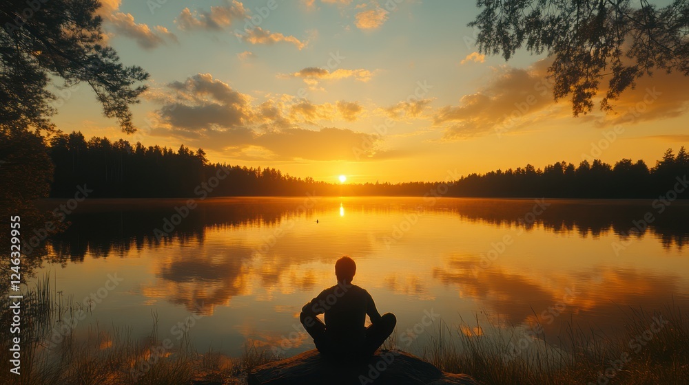 Man meditating by tranquil lake at sunset. Man meditating by tranquil lake at sunset.
