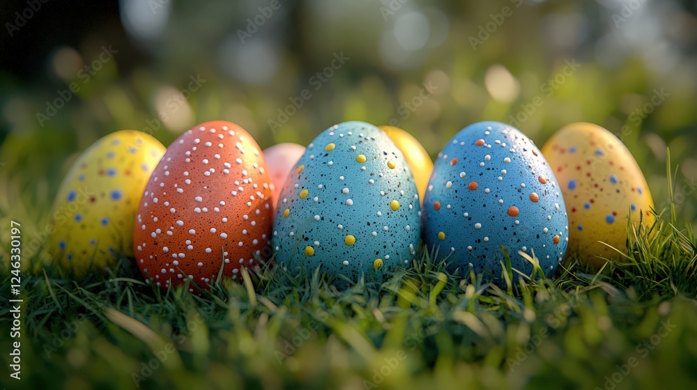 A cheerful array of brightly colored Easter eggs is displayed on lush grass, illuminated by soft sunlight, highlighting their textures and patterns in a lively spring scene. A cheerful array of brightly colored Easter eggs is displayed on lush grass, illuminated by soft sunlight, highlighting their textures and patterns in a lively spring scene.