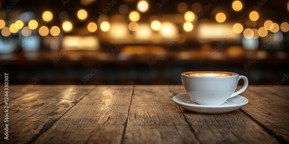 Aromatic Coffee on Rustic Wooden Table with Blurry Lights of a Cozy Cafe in the Background