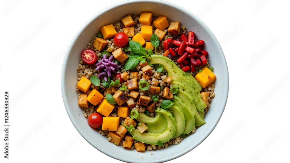 Colorful vegan buddha bowl with fresh avocado, tofu, quinoa, cherry tomatoes, red bell peppers, and herbs for healthy eating Colorful vegan buddha bowl with fresh avocado, tofu, quinoa, cherry tomatoes, red bell peppers, and herbs for healthy eating