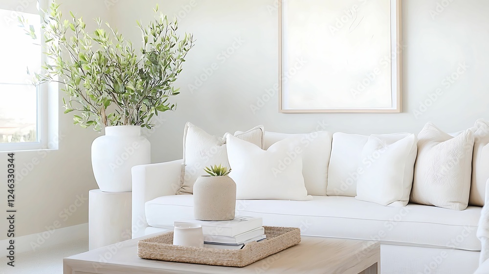 Naklejka premium minimalist, living room, interior, design. A bright, minimalist living room featuring a white sofa, decorative pillows, a wooden coffee table, and lush green plants.