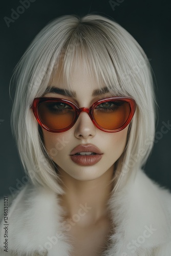 Stylish model showcasing trendy red sunglasses and chic hairstyle against a dark backdrop