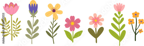 Spring florals vector illustration set. Cartoon colorful simple flowers, leaves. Hand drawn illustration for decor, easter, sticker, clipart, print.