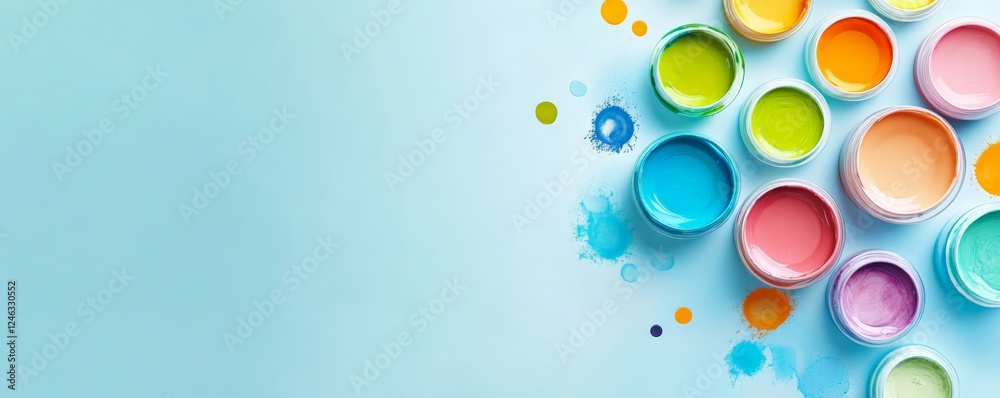 Colorful paints in containers with paint splashes around. Light blue background with copyspace for your text