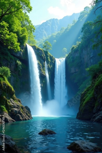 Misty waterfalls cascading down crystal clear mountains, water, falls