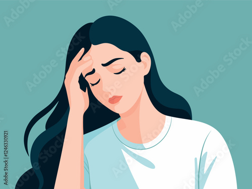 The woman having headache, migraine. Tired young girl feels bad, she is holding on to her head. Vector flat illustration.