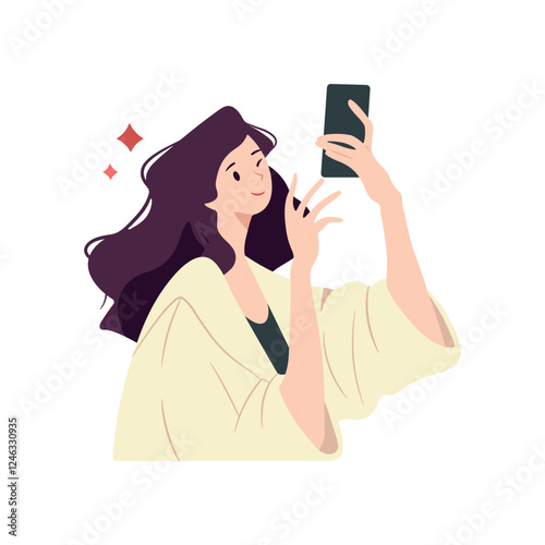 Beautiful young woman takes a selfie, while winking. Girl with phone concept vector illustration isolated on white.