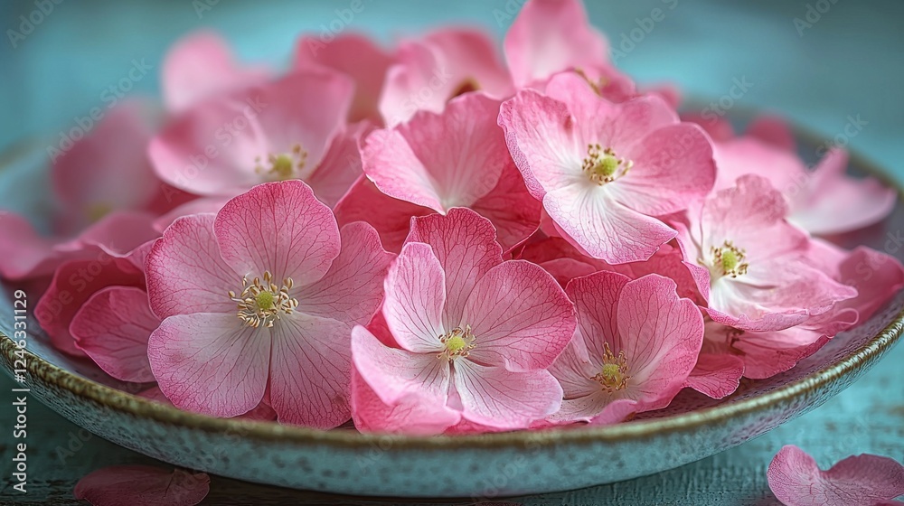 Delicate pink flower petals arranged on a decorative plate showcasing their intricate details and natural beauty in soft lighting Delicate pink flower petals arranged on a decorative plate showcasing their intricate details and natural beauty in soft lighting