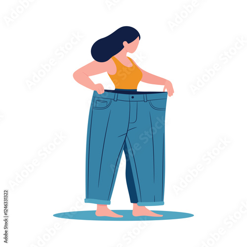 The girl shows how she lost weight. Diet, weight loss, slimming concept. Slim waist of young woman showing her old jeans after successful diet. Vector illustration isolated on white.