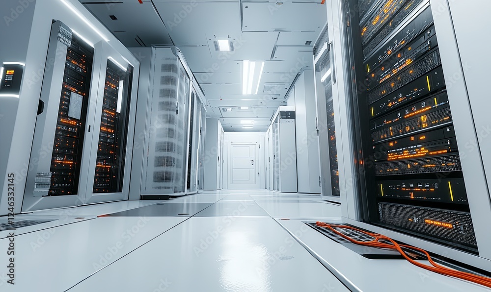 Server room corridor with glowing servers, network cables, and bright lights, ideal for tech backgrounds Server room corridor with glowing servers, network cables, and bright lights, ideal for tech backgrounds