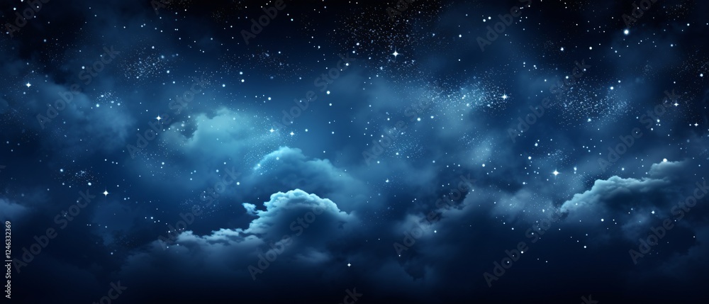 Obraz premium Awe-Inspiring Nocturnal Scene with Dark Blue Night Sky Full of Stars and White Cumulus Clouds