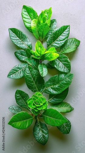 Lush green plants arranged harmoniously on a light background showcasing vibrant leaves and a unique rosette flower photo