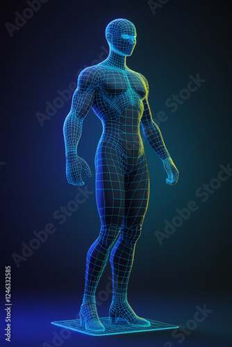 AI generative. Human body digital abstract. Wireframe silhouette of polygon. Body anatomy blue lines on dark background. Futuristic style man model 3d illustration. 103