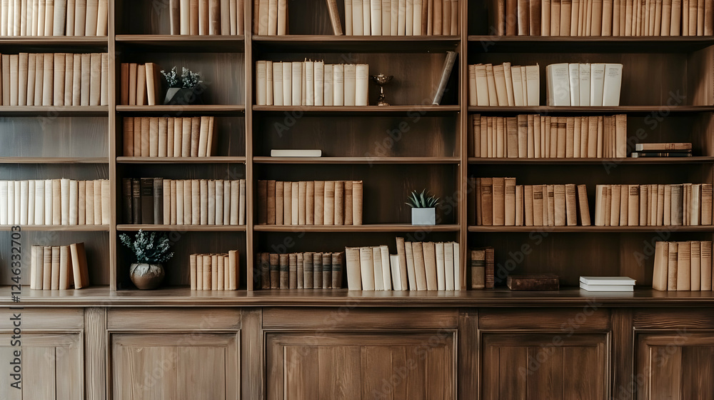 A meticulously organized wooden bookcase filled with numerous antique and classic books, showcasing a rich collection of literature. A meticulously organized wooden bookcase filled with numerous antique and classic books, showcasing a rich collection of literature.