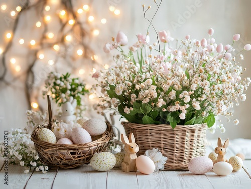 An enchanting Easter scene featuring delicate flowers, pastel eggs, and charming bunny figures, perfect for celebrating the joy and beauty of the holiday season. photo