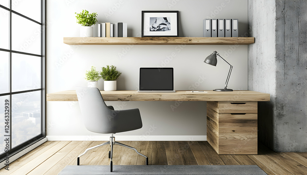 Modern minimalist home office workspace with wooden desk, laptop, and grey chair.  Ideal for productivity, remote work, and design inspiration.