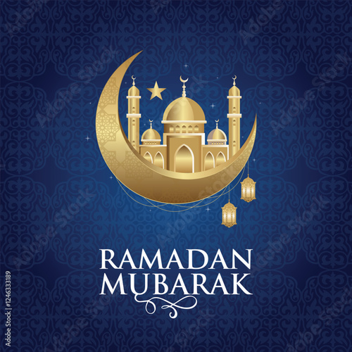 Happy Ramadan Mubarak Typography and background with islamic Mosque, moon, stars, mosque shapes for ramadan kareem, eid, milad un nabi, isra miraj muslim, banner, card design.