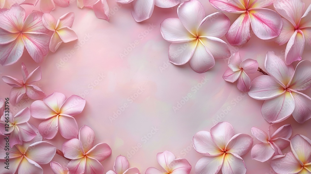 Fototapeta premium Delicate pink plumeria flowers arranged elegantly on a soft pastel background, perfect for invitations