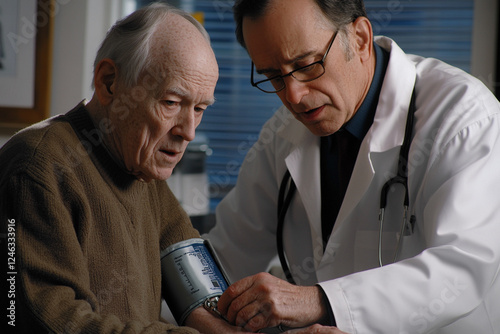 A doctor measures an elderly mans blood pressure photo