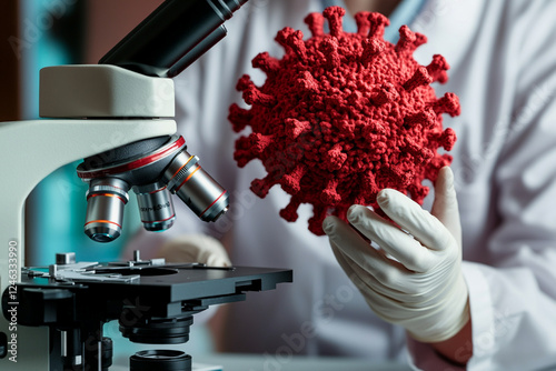 A scientist studies a virus under a microscope photo