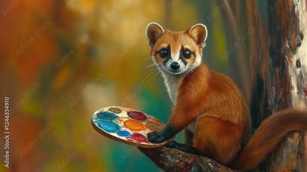 Fototapeta premium A charming weasel artist paints a colorful palette in a sun-drenched forest during autumn