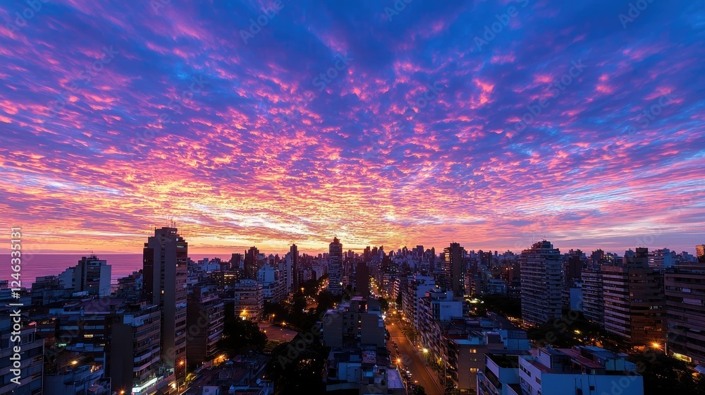 Fototapeta premium Coastal city sunrise, vibrant sky, buildings, ocean. Use travel brochure