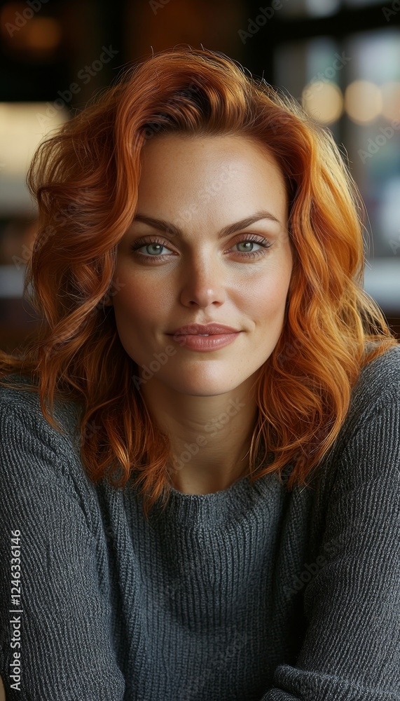 Fototapeta premium Beautiful Redhead Woman, Pretty Candid Fashion Model Posing in Cafe Autumn Mood, Warmth.